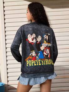 Popeye X SHEIN Áo nỉ trễ vai in chữ và nhân vật hoạt hình thường ngày dành cho nữ, mùa thu - Màu xám đen - Xem 2