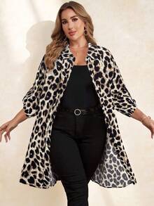 Chikora Plus Size Leopard Print Button-Up Long Sleeve Shirt For Women, Autumn - Multicolor - View 1