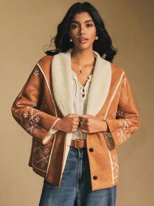 Poéselle Boho Sherpa Lined Embroidered Jacket For Women - Vintage Western Fleece Coat, Boho Embroidered Faux Shearling Jacket For Women - Cozy Sherpa Lined Western Coat, Warm Button Down Outerwear,Oversized Button Down Outerwear, Fall Winter Must-Have,Vintage Embroidered Fleece Jacket, Autumn/Winter - Brown - View 4