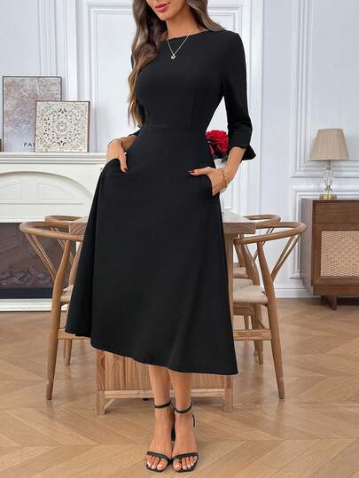 Miaspire Women's Solid Color Round Neck 3/4 Sleeve Waist Pocket Elegant Mid-Length Dress Black Dress Elegant Dresses For Women New Year Clothes Winter Dress Women,Dresses For Women Elegant,Black Dress