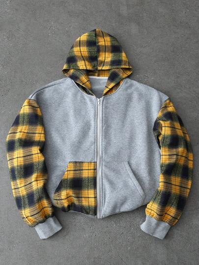 Street Life بلوزة هودي رجالية بسحاب وأكمام طويلة مع تصميم مربعات ملونة متباينة، مناسبة للخريف والشتاء