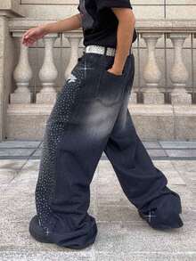 ROMWE MEN Street Life Men's Loose Fit Rhinestone Embellished Wide Leg Jeans - Black - View 2