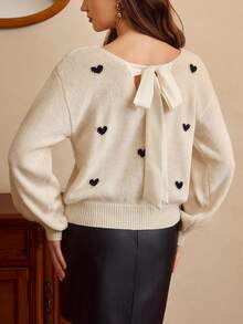 Vintamour Áo len chui đầu thường ngày họa tiết trái tim và nơ cho nữ - Màu be - Xem 7
