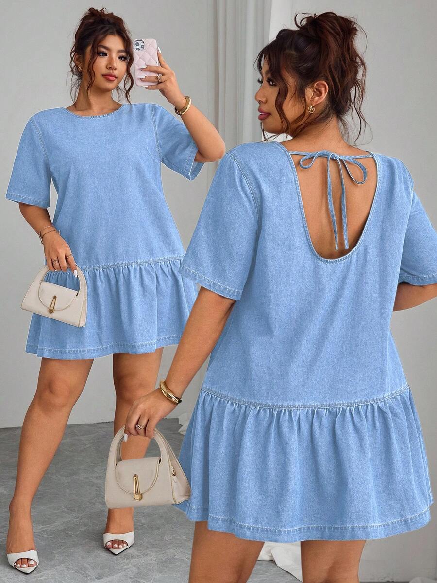 Elenzga Plus Size Women's Fashionable Sexy Backless Short Dress Spring  Summer  Elegant - Light Wash - View 1