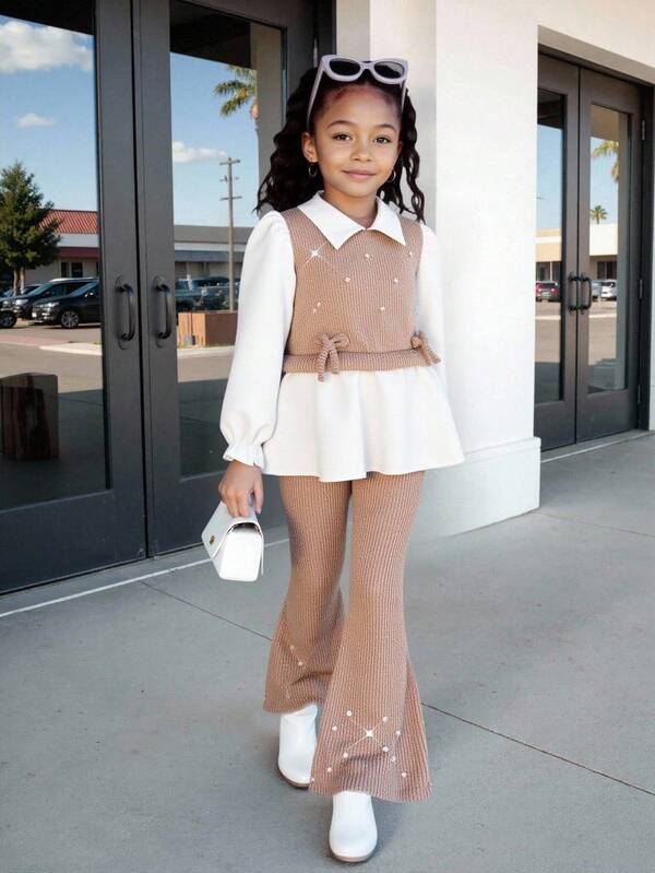Girls' Casual Shirt Set, Khaki Bow Design, Beaded Knit Ribbed Fabric, White Long Sleeve Ruffle Hem Shirt Top Paired With Khaki Pearl Flared Pants, 2 Pieces Set, Suitable For Back To School, Casual, Fashion, Sweet, Comfortable Outfit Fall Winter