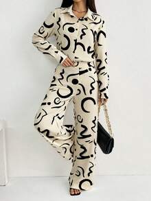 Chiquease Damen Französischer eleganter Lässig Pendler Schulanfang Schwarz & Weiß geometrischer Blume Muster Langarm 2-teiliges Set