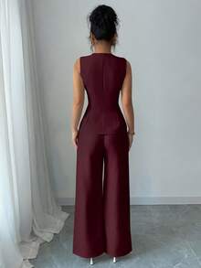 Selianne 女士优雅花卉纽扣装饰休闲/通勤西装 - 酒紅色 - 查看 2