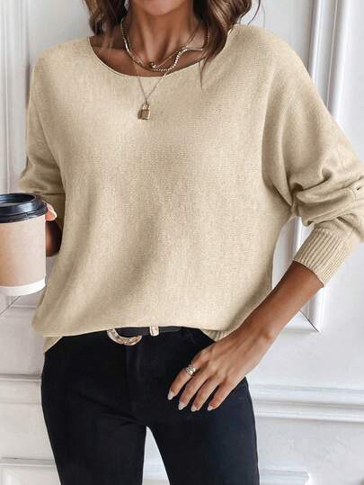 SHEIN LUNE Casual Versatile Solid Color Batwing Sleeve Women Sweater Beige Solid Color Tops Round Neck Top Knit Top Casual Tops Blouses For Women