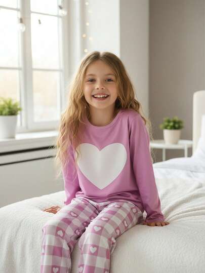 Heart Print Pullover Pajama Set, Casual New Style, Suitable For Spring, Autumn And Winter Long Sleeve Pajama Sets For Teen Girls Kids Pj Set Girl Pink Sleep Wear For Girls Tween Sleep Wear