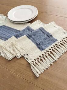 1 件波西米亚风格桌旗 Macrame 桌旗，适用于家居装饰，奶油色和棕色 Macrame 桌旗带流苏，适用于波西米亚风格餐厅卧室装饰、乡村新娘送礼会、农舍乡村风格桌旗、餐垫、感恩节圣诞节家居装饰（多种尺寸可选） - 八字天空藍 - 查看 7