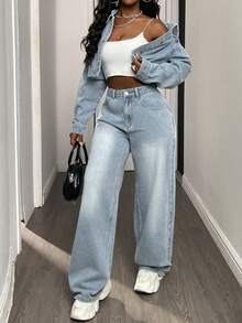 DAZY Conjunto de top corto casual de manga larga con hombros caídos y jeans estilo Y2K para mujer - Azul - Ver 4