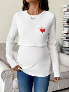 SHEIN 秋冬季女士爱心印花休闲哺乳圆领长袖上衣外出上衣哺乳孕妇装 - 白色 - 查看 7