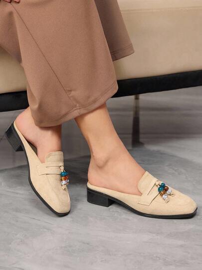 Sleekvia 女士一脚蹬乐福鞋，英伦风粗跟休闲鞋，新款秋/春通勤鞋