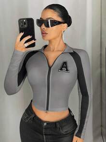 SHEIN ICON 女士高领撞色装饰修身T恤 - 灰色 - 查看 5