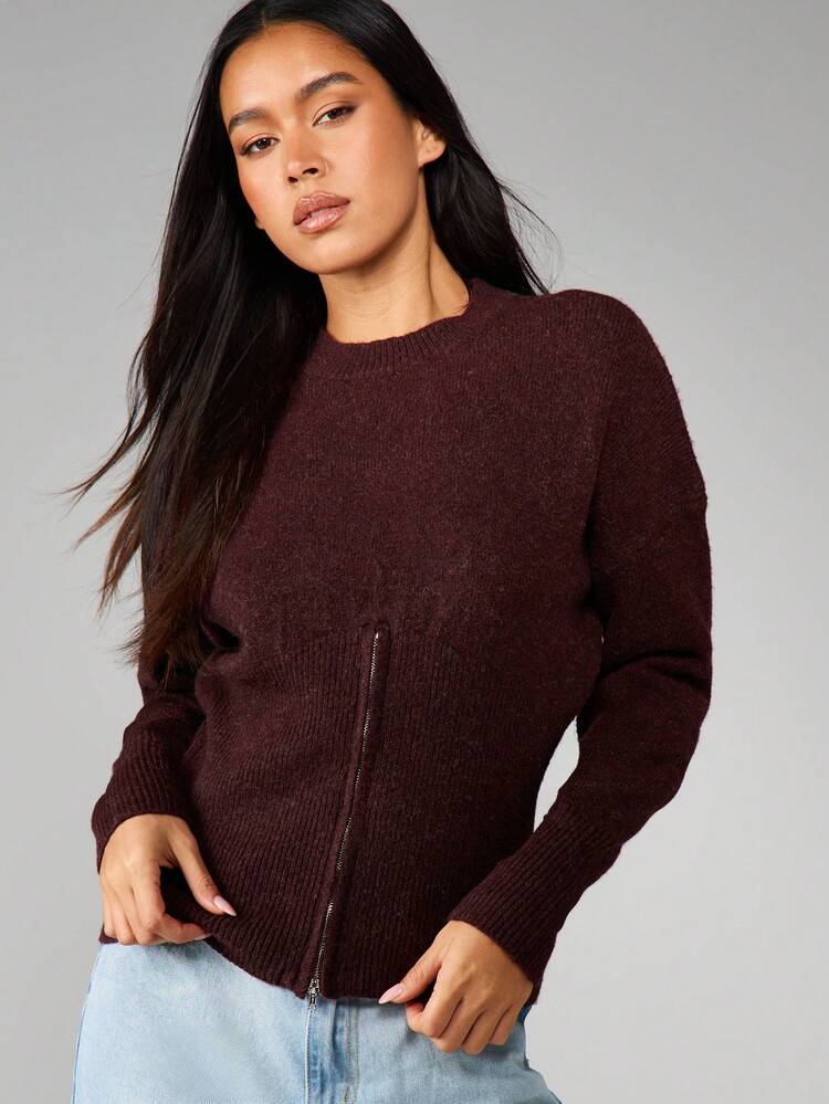 MISSGUIDED Burgundy Zip Front Knit Sweater Long Sleeve Ribbed Cardigan Fall Winter Essential