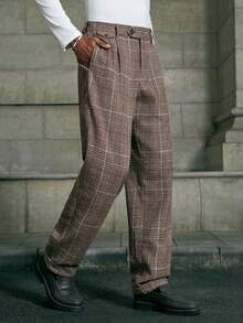 AKNOTIC 男士褶皱设计格子直筒宽松休闲裤高腰裤格子裤褶皱裤法兰绒褶皱长裤男士修身版型教堂裤，冬天穿