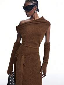 LYSMO 2025新款女士优雅棕色不对称领口连衣裙，单肩设计，针织面料，垂坠感十足，Y2K风格，适合日常穿搭、街头服饰、斯德哥尔摩风格万圣节装扮以及哥特式服装。 - 棕色 - 查看 5