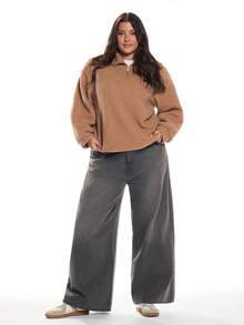 Solavibe Sudadera con cremallera de manga larga con aplicación de unicolor tipo sherpa, talla grande, otoño/invierno - Caqui - Ver 2