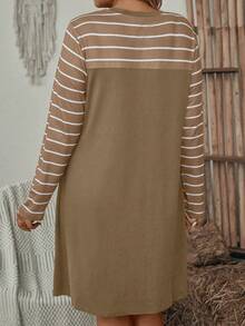 EMERY ROSE Plus Size Casual Striped Patchwork Dress, Autumn - Camel - View 2