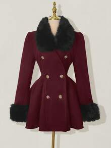 SHEIN ICON Women's Elegant Double-Breasted Flared Faux Fur Patchwork Jacket, Autumn/Winter Winter - Burgundy - View 2