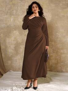 Roveilla Plus Size Women's Elegant Formal Office Commute Casual Vacation Party Vintage Teacher Autumn Middle Eastern Solid Color Round Neck Waist Pleated A-Line Long Sleeve Maxi Dress, Light Yellow Plus Size Brown Dress Chocolate Brown Dress Brown Dress Brown Elegant Dress Women Coffee Brown Dress - Chocolate Brown - View 4