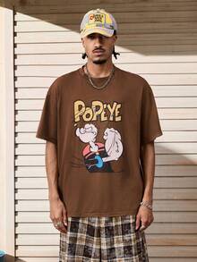 Popeye X SHEIN Men's Casual Letter & Cartoon Graphic Round Neck Short Sleeve T-Shirt, Summer - Brown - View 3