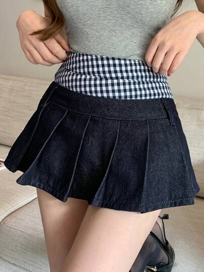 DAZY Women's Summer Plaid Patchwork Pleated Skirt, Casual Vacation Style Denim Mini Skirt Y2k