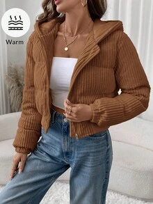 SHEIN LUNE 女式短款休闲街头时尚灯芯绒棉衣，冬季 - 咖啡棕 - 查看 1