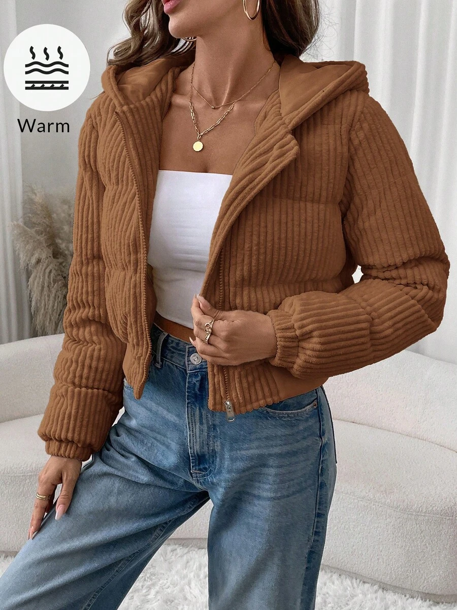 SHEIN LUNE 女式短款休闲街头时尚灯芯绒棉衣，冬季 - 咖啡棕 - 查看 1