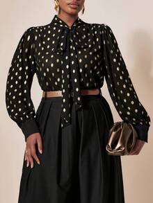 EMERY ROSE Plus Size Women's Vintage Elegant Commute & Party Series Black Gold Foil Chiffon Stand Collar Bowknot Decor Puff Sleeve Double-Breasted Shirt, Loose Fit Long Sleeve Blouse - Black - View 5