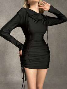 Ardnt 黑暗朋克风格甜辣末日主题派对收腰针织长袖连帽不对称下摆独特设计女式连衣裙，秋季 - 黑色 - 查看 4