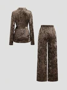 Sweetra 优雅意式高端初秋新款天鹅绒休闲风大地色天鹅绒T台风格连衣裙百搭翻领设计时尚女装2件套 - 棕色 - 查看 2