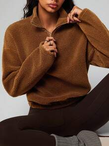 Dewbera 女士时尚加厚保暖抓绒休闲健身跑步户外长袖立领前半拉链下摆弹力褶皱瑜伽宽松棕色卫衣 - 棕色 - 查看 4