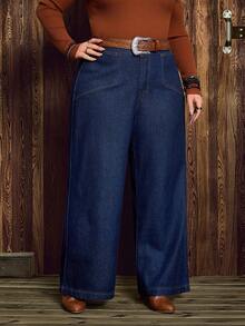 EMERY ROSE Plus Size Women's Solid Color Thermal Lined Washed Denim Jeans, Autumn/Winter - Dark Wash - View 6