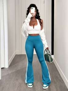 Slaydiva Quần thể thao ống rộng cạp cao đơn giản màu trơn chắp vá dành cho nữ - Màu xanh ngọc - Xem 5
