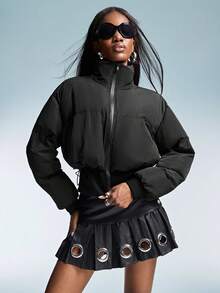 GENKIRA Áo khoác đệm cổ đứng màu đen, thắt eo, thời trang - màu đen - Xem 1