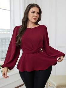 Modelyn Áo cánh tay đèn lồng màu trơn thanh lịch cỡ lớn, eo thắt eo, mùa thu - Màu Đỏ Sâu - Xem 1