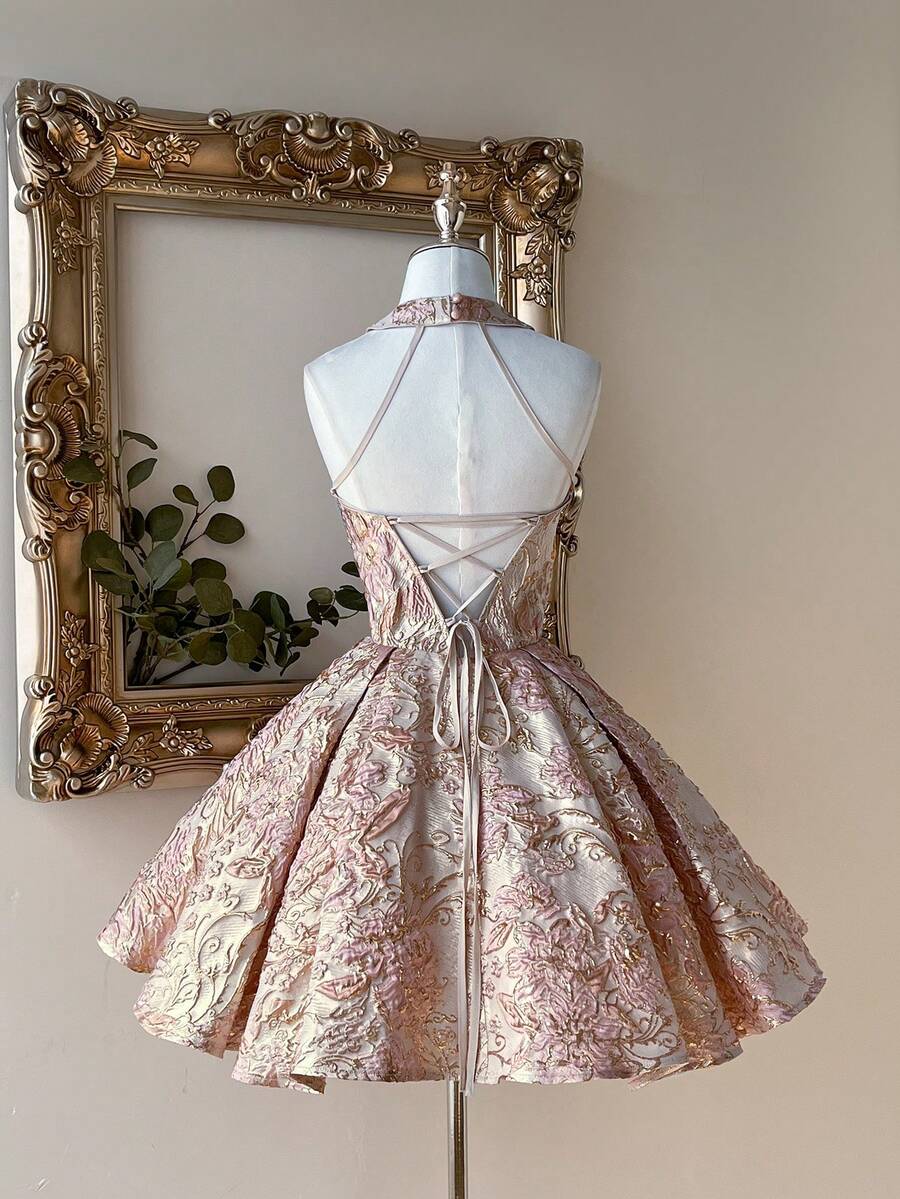 Lovelzi 奢华宫廷风格提花面料绿色露背交叉系带 A 字形喇叭裙，适合约会、度假、单身派对、舞会、婚礼、毕业典礼、舞会 - 粉色 - 查看 1