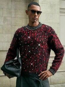 AKNOTIC Áo len chui đầu cổ tròn họa tiết da báo trang trí ngọc trai giả thời trang thu/đông cho nam (Cỡ thường) - Đỏ - Xem 5