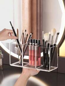 1PC Transparent Acrylic Cosmetic Brush Holder, Desktop Vanity Organizer For Lipstick, Eyebrow Pencil, Skin Care Products And Makeup Mirror - transparent - View 1