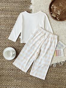SHEIN 2pcs Baby Girl Newborn 0-3 Years Cute Cream White Bow Decor Long Sleeve Top & Pants Set,Autumn Family Matching Knit Casual Versatile Outfit - Beige - View 2