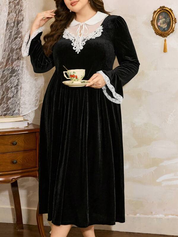 Côtesoire Elegantes romantisches Nachthemd für Damen in Große Größen mit Peter-Pan-Kragen, Spitzenrüschen, Schleife und weiten Ärmeln, langes Nachthemd in Große Größen mit langen Ärmeln