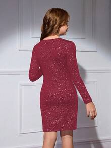 Girls Sequin Glitter Tight Knit Long Sleeve Party Dress - Burgundy - View 2