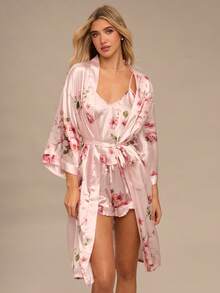 Enchnt 5pcs Women's Floral Print Faux Silk Pajama Set, Elegant Fall Clothes, Winter Clothes - Pink - View 3