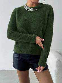 SHEIN Clasi 女士优雅串珠圆领毛衣，秋冬新年服装 - 軍綠色 - 查看 4