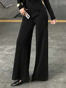 DAZY Quần âu xếp ly gợi cảm cho nữ, quần ống rộng cạp trễ ôm vừa vặn, thường ngày, thu/đông - màu đen - Xem 8