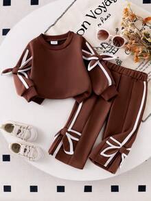 SHEIN Playful Pals 2pcs Baby Girls' Knitted Brown Long Sleeve Bow Sweatshirt And Pants Set, Children's Casual Outfit For Spring/Autumn - Brown - View 1