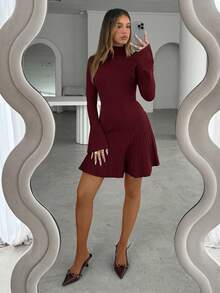 Aloruh Women's Solid Color Turtleneck Flare Sleeve Pleated Hem Elegant Knitted Dress, Autumn/Winter,Fall,Fall Clothes For Women - Burgundy - View 5