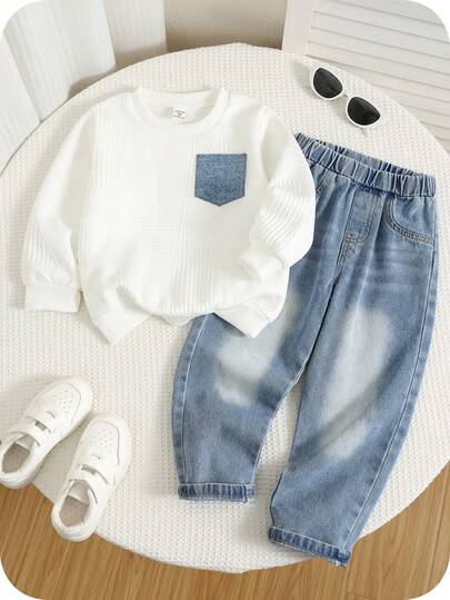 2pcs/Set Young Boy Cute White Sweatshirt & Blue Denim Joggers Tracksuit, Suitable For Indoor, Outdoor, Daily, Sports, Play, Party, Photo Shoot, Holiday, All Seasons Boy Jeans Sets Kids Long Sleeve Sets Kids Denim Sets Little Boy Two Piece Set
