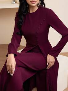 Veilorie 女士纯色圆领常规肩长袖优雅阿拉伯风格服装 - 酒紅色 - 查看 2